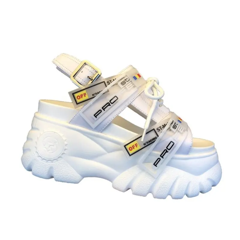 Ceny 2019 letnie grube sandały damskie 8cm buty na koturnie z wysokim obcasem buty kobiece klamry platformy skórzane dorywczo klapki na lato kobieta sandał