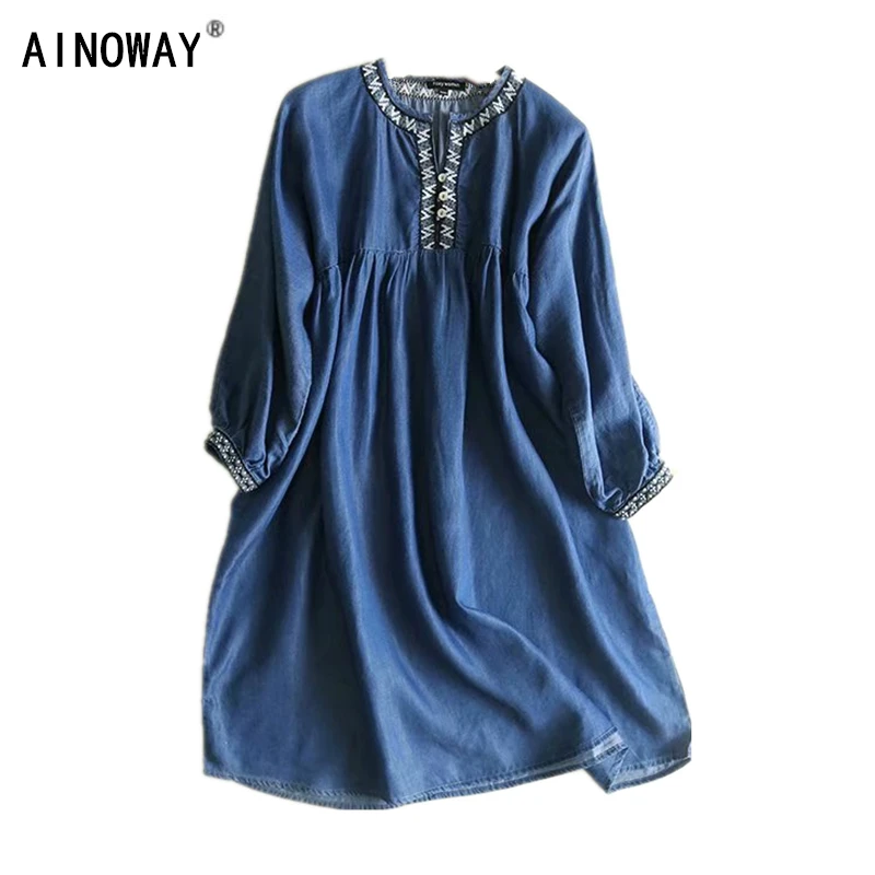 

Vintage chic women floral embroidery beach Bohemian loose midi dress Ladies Summer short sleeve v-neck denim Boho dress vestidos