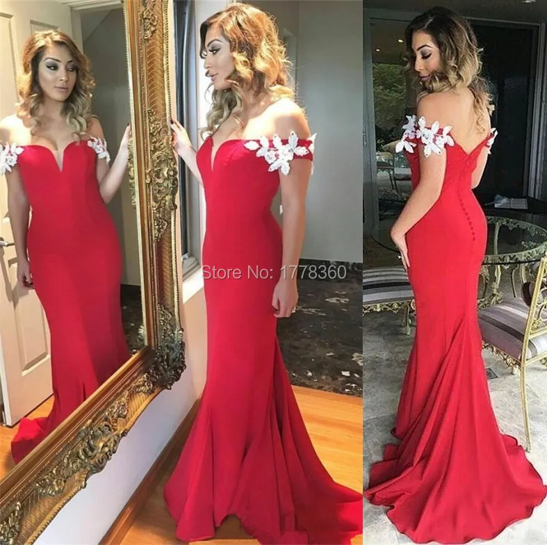 Red-Long-Elegant-Mermaid-White-Appliques-Ruffles-Off-The-Shoulder-Evening-Dress-Prom-Gowns