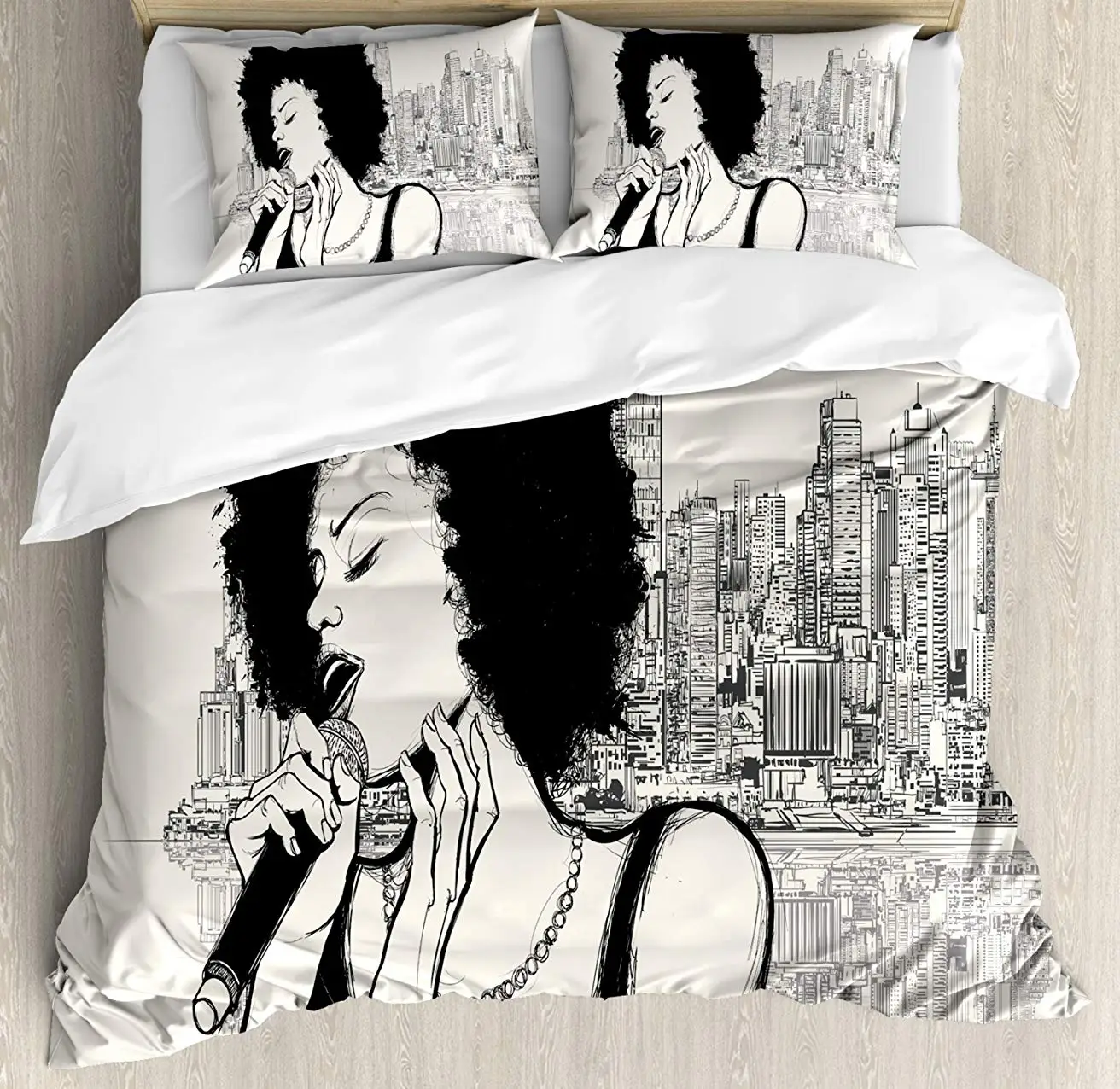 

Afro Decor Duvet Cover Set, American Jazz Music Girl Performing in front of New York Manhattan Illustration, 3 Piece Bedding Set
