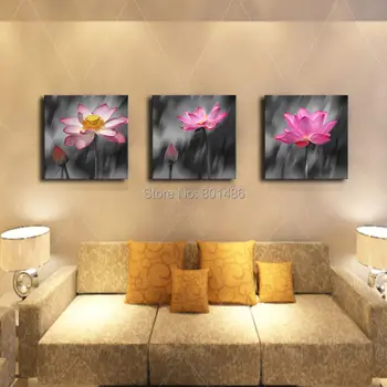 

Large 3 Pieces realistic lotus flower picture modern wall art painting print on canvas
