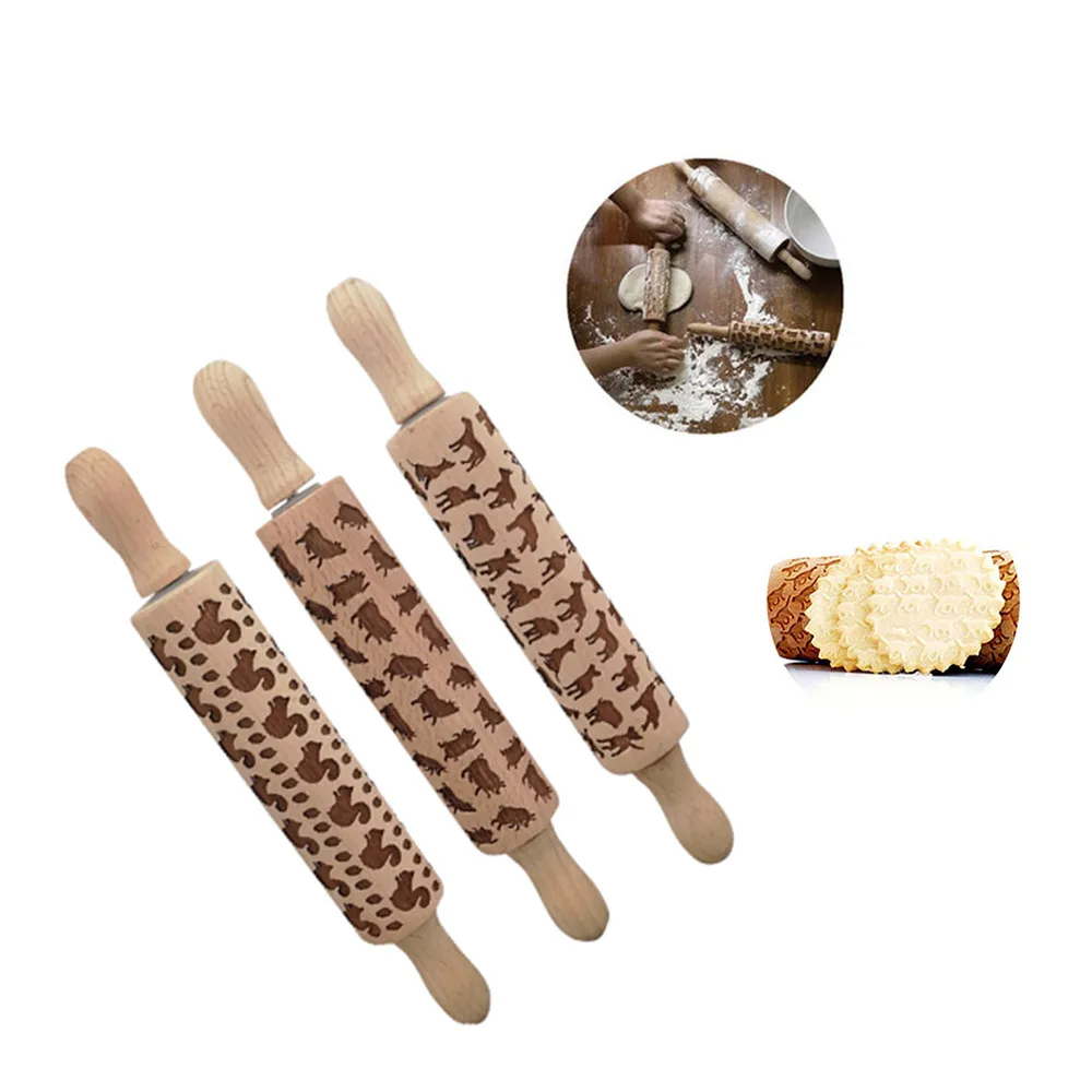 Christmas Rolling Pin Engraved Carved Wood Embossed Rolling Pin Kitchen