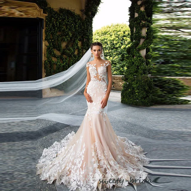 Exquisite Wedding Dresses 2017 New Lace Lique Mermaid White Peach Exquisite Wedding Dresses 2017 New Lace Lique Mermaid White Peach Tulle Bride Dress Vestido De