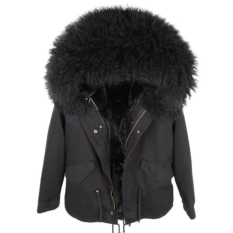 Parka Real Fur Coat Winter Jacket Women Real Mongolia Sheep Fur Parkas Thick Warm Luxury Detachable Outerwear Streetwear - Цвет: full black