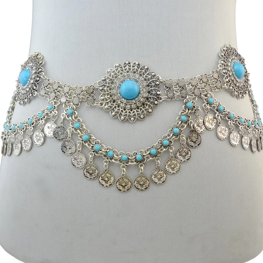 Ethnic Gypsy Silver Metal Belt Body Chains Boho Indian Sexy Coin Tassel Beads Stone Belly Dance Waist Chain Turk Tribal Jewelry