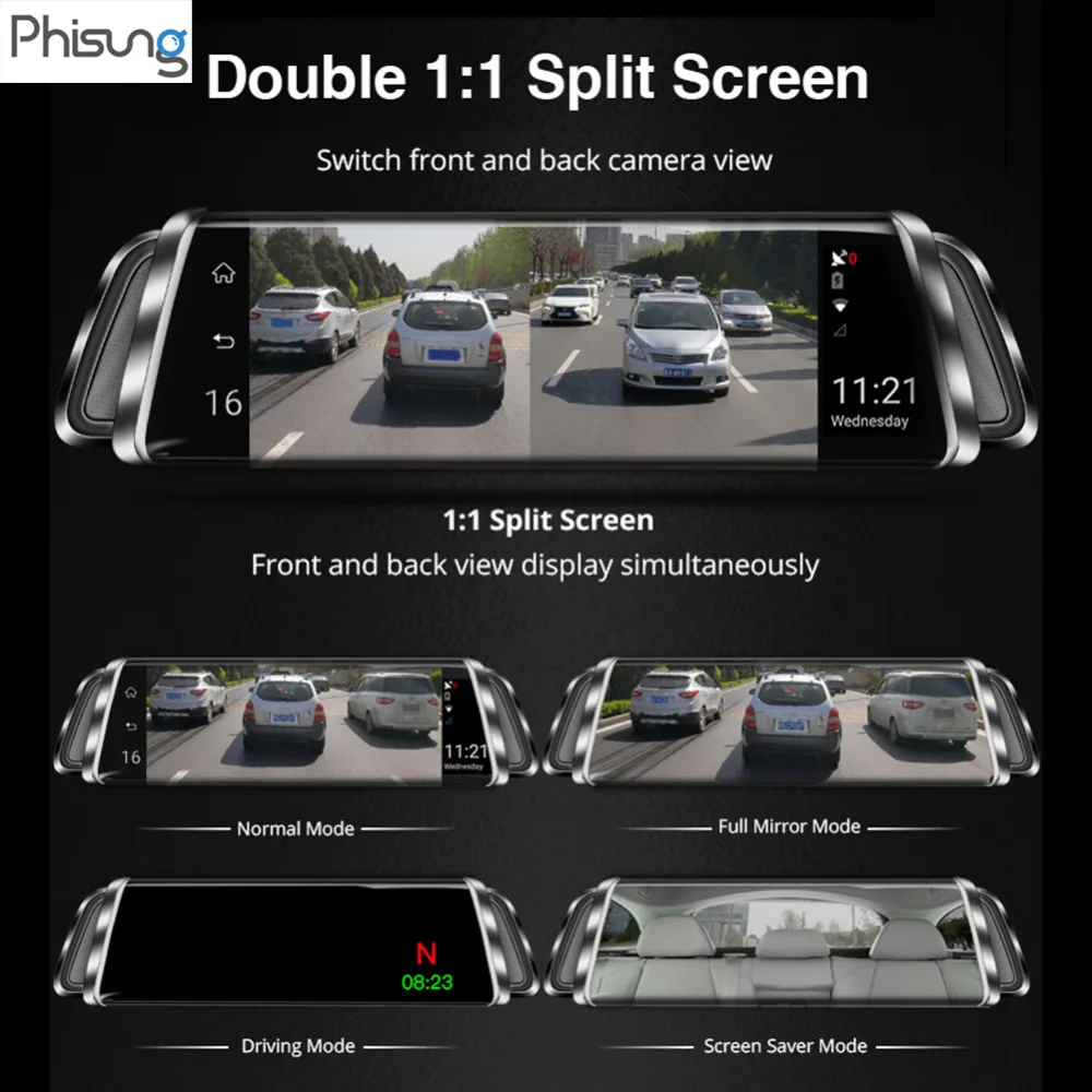 

Phisung 9.35in Dual Lens Car DVR Camera Bluetooth 3G WiFi Android5.0 Car Rearview Mirror Video Recorder GPS G-sensor Dash Camera