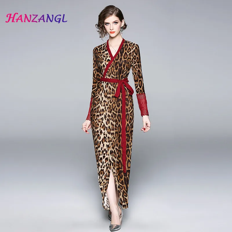 

Brand Designer 2019 autumn Women Leopard Print V-neck Sexy Slim Cardigan Dress Vintage Vestidos Belt Tie High Waist Maxi Dresses