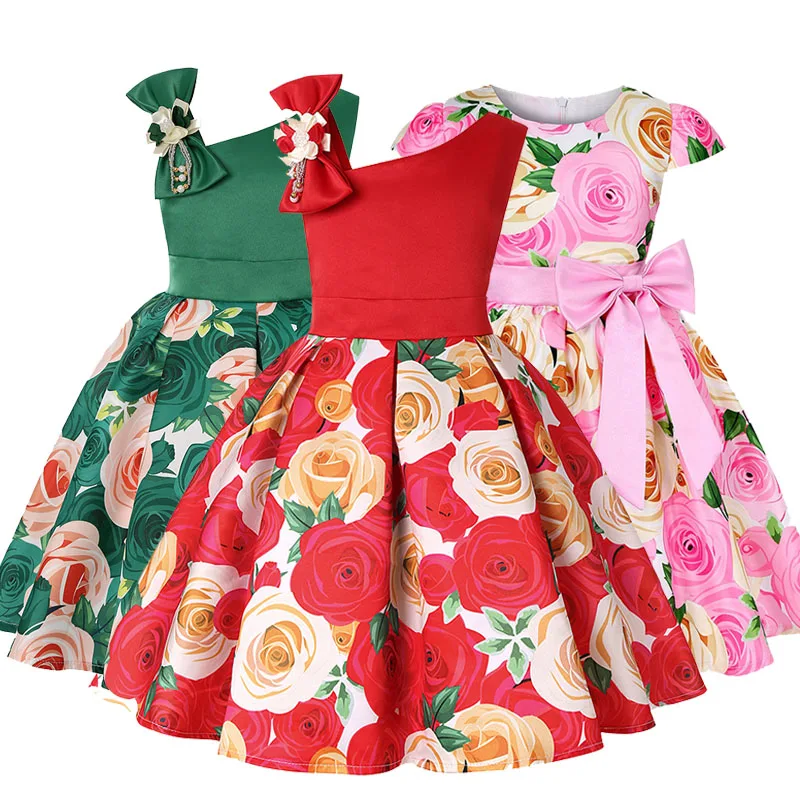 Детское платье-пачка с цветочным рисунком для дня рождения, праздничное платье принцессы для девочек, элегантное кружевное платье с бантом на одно плечо для маленьких девочек одежда для маленьких девочек