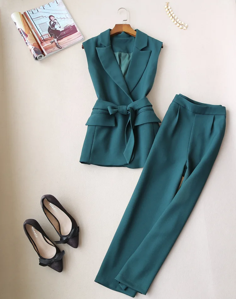 

FREE SHIPPING Spring Summer Women Fashionable Tiding Sashes Vest nd Wide Leg Ankle Pants One Set