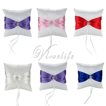 

Newest 20cm x20cm Wedding Ceremoney Bridal Colorful Ribbon Satin Ring Pillow Rhinestone Buckle Wedding Home Party Decoration