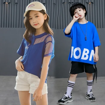 

Girl's Loose Hiphop Jazz Dance Mesh Off Shoulder Summer Neutral Hiphop Korean Version Performance Runway Clothing DQT1022