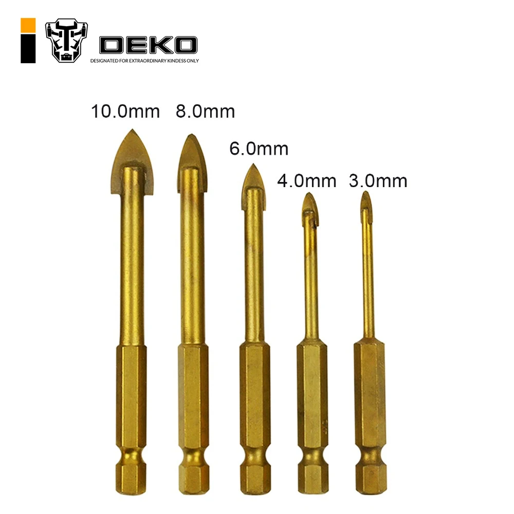 

DEKO 5 Pieces Tungsten Carbide TCT Glass Drill Bits Set Titanium Coated Power Tools Accessories with 1/4" Hex Shank