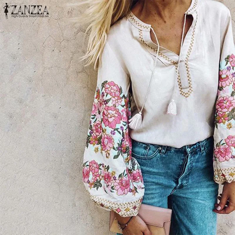 

ZANZEA Fashion Women Floral Printed Lantern Sleeve Blouse Autumn Casual Vintage V Neck Party Shirt Femininas Blusas Chemise Tops