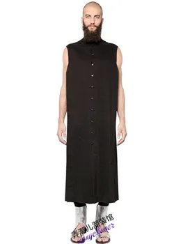 

S-4XL ! 2017 Spring summer new men's linen long shirt night club hair stylist sleeveless collar plus size shirt singer costumes