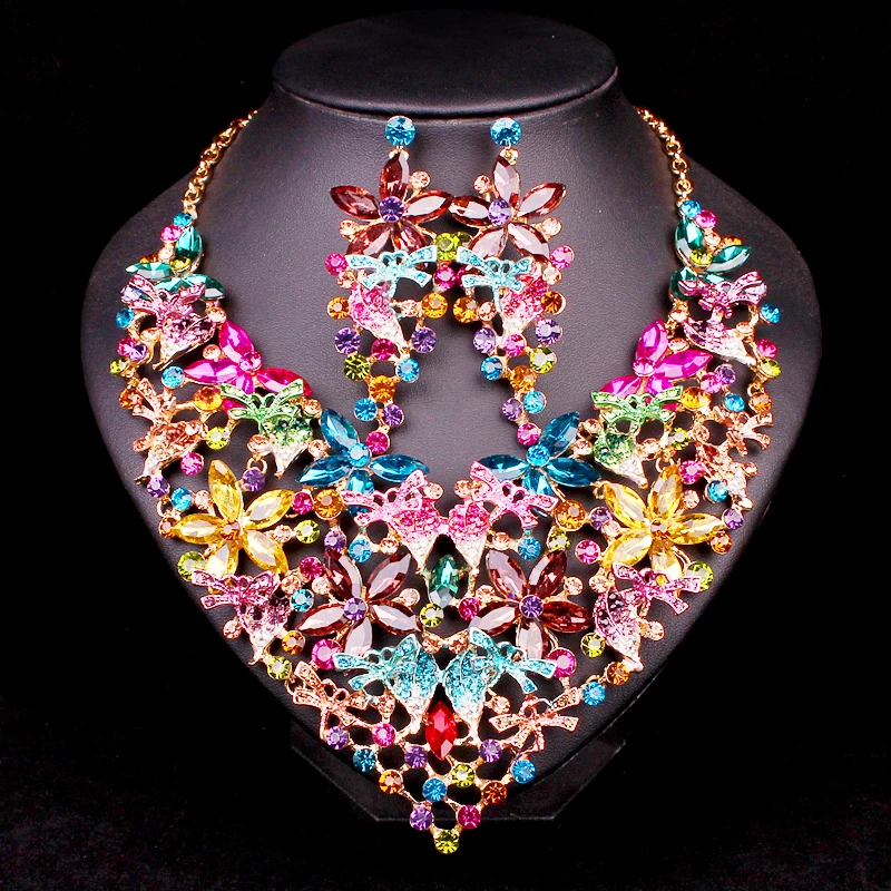 

Trendy Flowers Bridal Jewelry Sets Wedding Statement Necklace Earring sets For Brides Party Gold Color costume Accessories Women