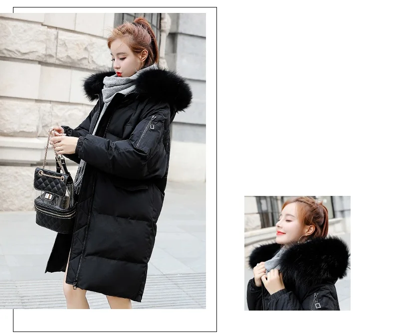 Зимняя парка, женская пуховая хлопковая куртка с капюшоном, теплая верхняя одежда, новинка, Корейская свободная длинная куртка с большим меховым воротником, однотонное повседневное пальто