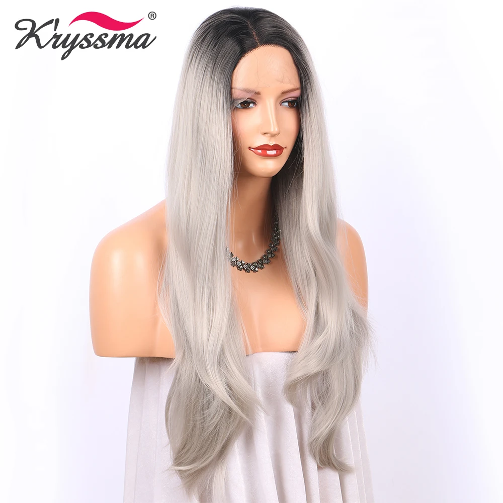 

Ombre Silver Grey Wig Synthetic Lace Front Wig Long Wigs for Women Dark Roots Natural Straight 22 Inches Heat Resistant Fiber