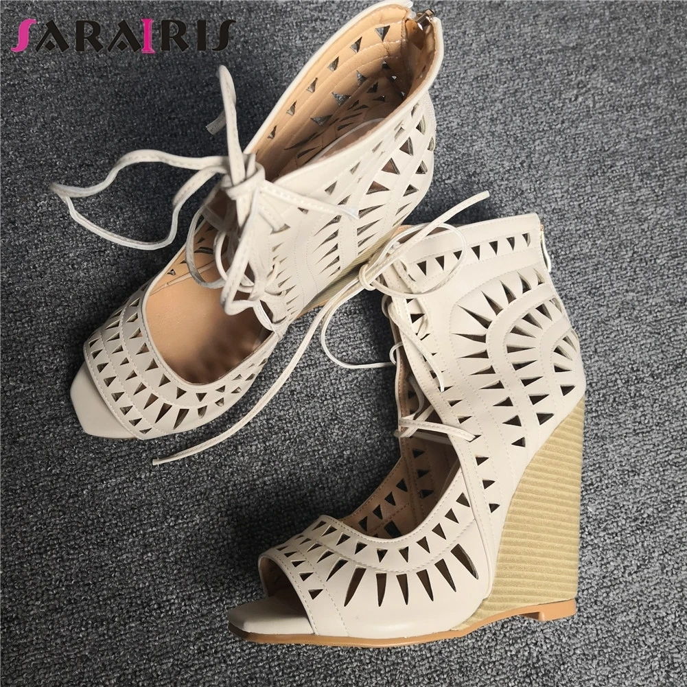 

SARAIRIS Brand Big Size 47 Sexy High Heels Women Shoes Sandals Hollow Leisure Lady Summer Party Shoelaces Wedges Shoes Woman