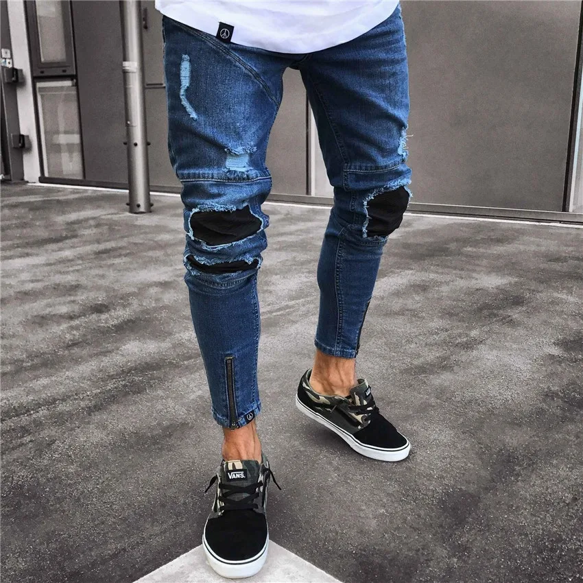 Мужские эластичные рваные байкерские джинсы с заклепками, облегающие джинсовые штаны, обтягивающие рваные джинсы в стиле хип-хоп на молнии с дырками