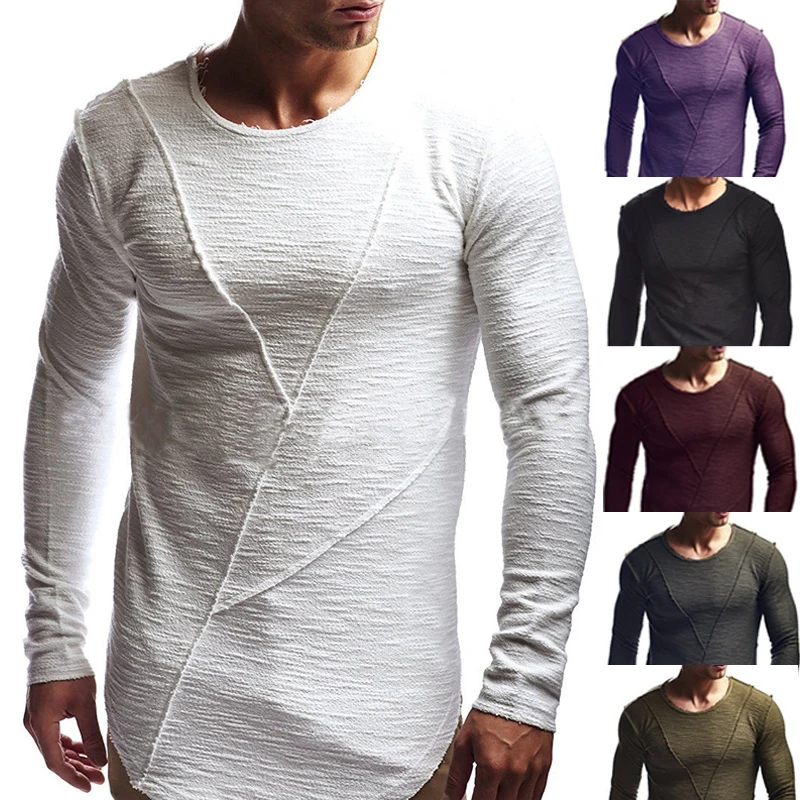 Comfortable Extend HipHop Men T Shirt Long Sleeve Basic Solid O-Neck Patchwork Loose Gyms Muscle Shirts Tee Male Clothing