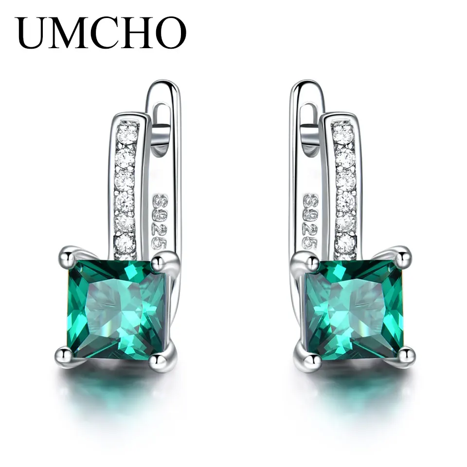 UMCHO, настоящие 925 пробы, серебряные серьги, драгоценный камень, квадратный, создан, изумруд, клипсы, серьги для женщин, подарок на день рождения, Трендовое ювелирное изделие - Цвет камня: Emerald