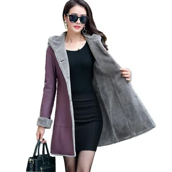 

Women Winter Warm Fur Leather Jacket with Hood Elegant Ladies Plus Size Thicken Leather Jacket Female Casual Outwear Coat F516