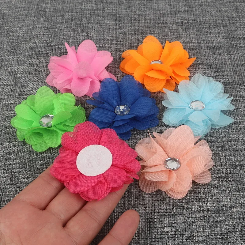 

10Pcs/lot Handmade Fabric Flowers with Rhinestone Appliques Sewing Wedding Garment Accessories Flowers For Kids Headband