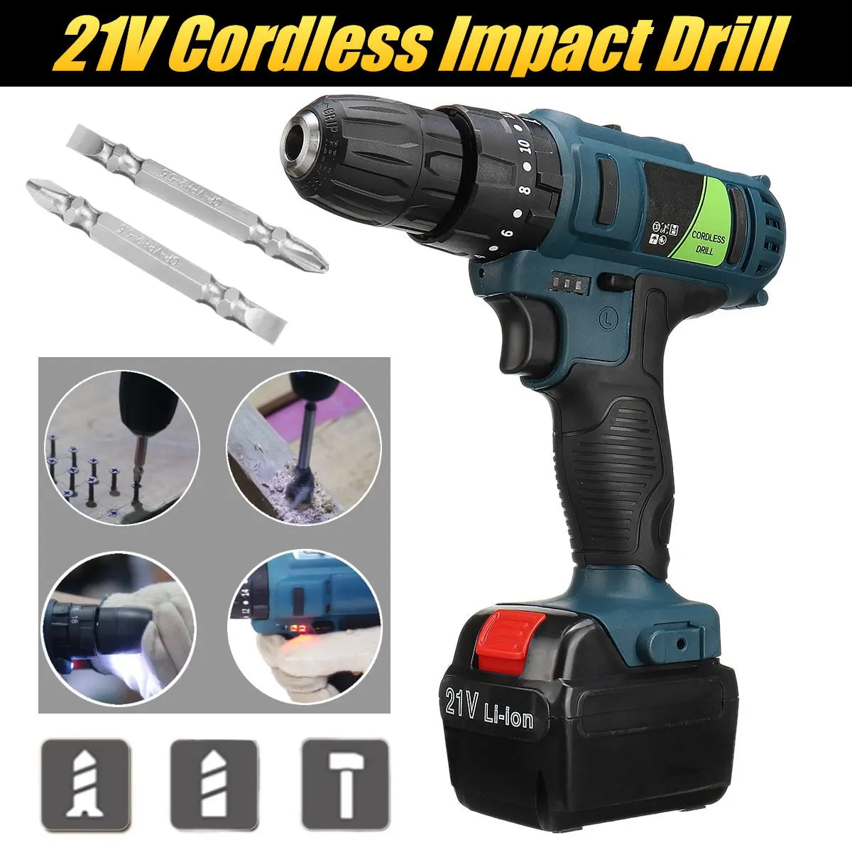 

21V Impact Drill Electric Screwdriver Rechargeable Electric Hand drill Battery Cordless Hammer Drill Home DIY Power Tools