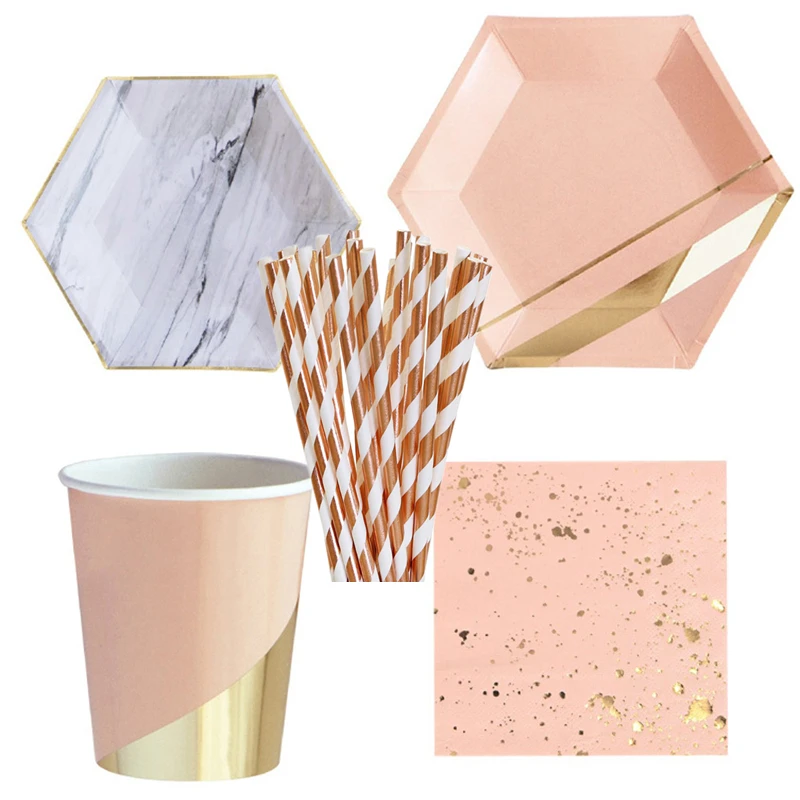 Ipalmay-розовые и золотые шестигранные большие тарелки и маленькие мраморные плиты салфетки для стаканчиков одноразовые трубочки набор