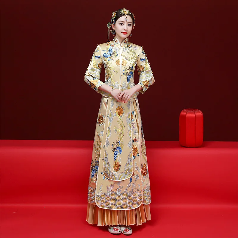 Традиционный для женщин Свадебное Ципао Классический Шампанское Вышивка Феникс плиссированное платье китайский стиль невесты тост Qipao
