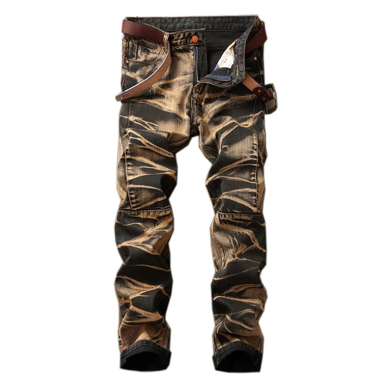 Goedkoop Hoge Kwaliteit Retro Mannen Goud Schilderen Jeans Gecoat Stretch Slanke Rechte Geplooide Biker Jeans Broek Mannelijke Denim Casual Broek