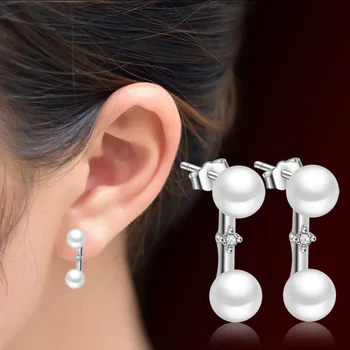 

Wholesale Fashion Jewelry 2017 New Double Pearl Shiny Zircon Design 925 Sterling Silver Stud Earrings for Women Christmas Gift