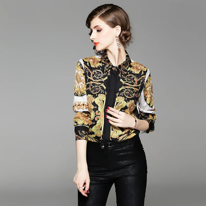  2018 runway designer womens tosp autumn blouse long sleeve fashion vintage print blouse ladies offi