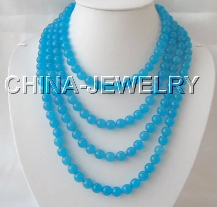 

shipping Beautiful 80" 10mm Natural round blue jade necklace