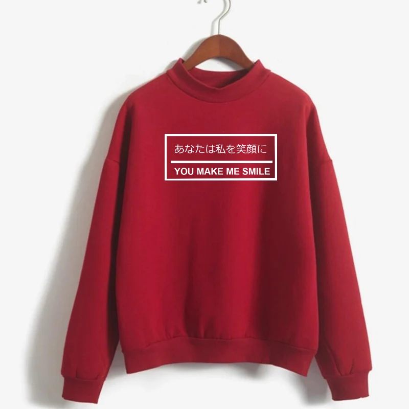 Pkorli/японский свитшот с надписью «You Make Me Smile»; пуловер с круглым вырезом; джемпер; Топ; Модный блогер; Tumblr Kawaii; толстовки; свитшоты - Цвет: Красный