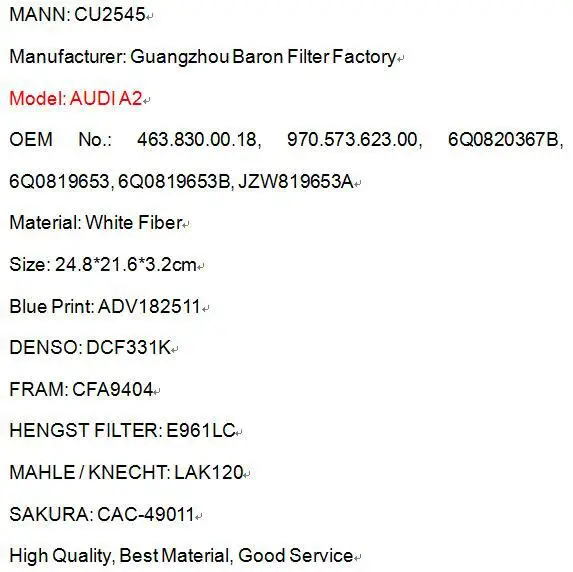 Отправка cu2545 обувь по заводским ценам cfa9404 Best качество белый Волокно воздушный фильтр автомобиля кабина для Audi 248*216*32 мм 6q0819653b