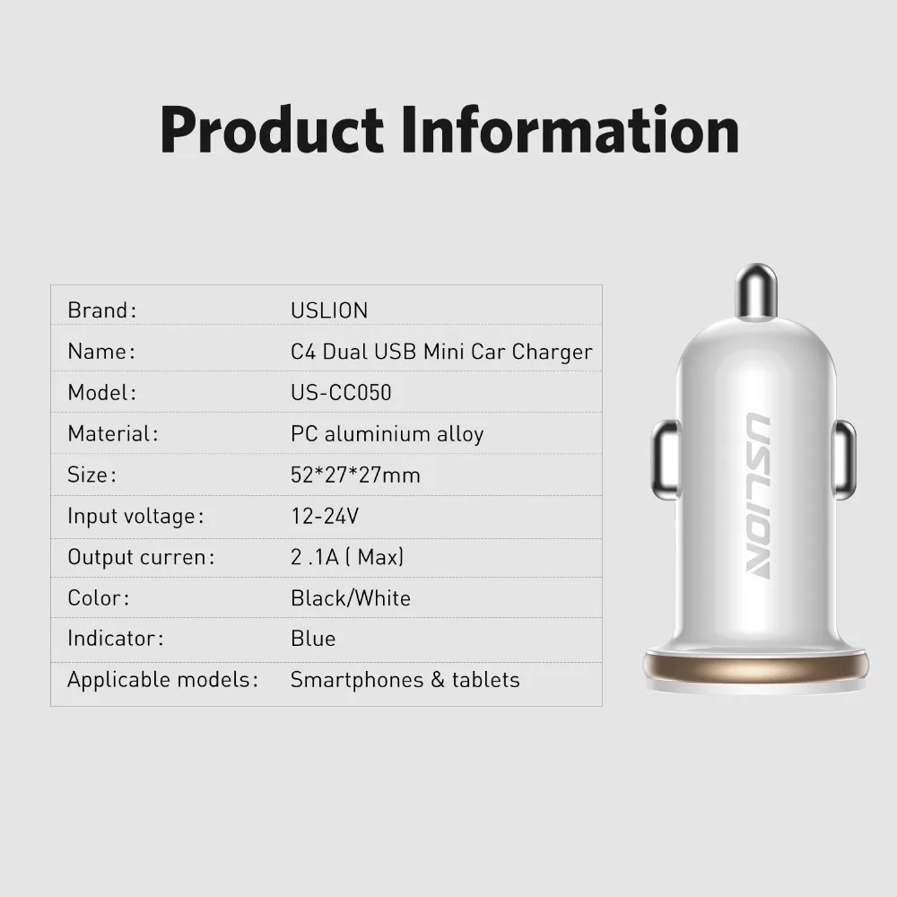 USLION Mini Dual USB Автомобильное зарядное устройство для телефона 5 в 2,1 а, зарядное устройство для мобильного телефона для iPhone, быстрое USB зарядное устройство, адаптер для автомобиля для планшетов