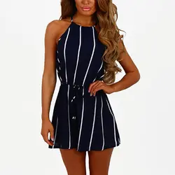 Модные женские туфли Мини Летний комбинезон шорты пляжные Playsuit Дамы Sexy вертикальной полосой комбинезоны с открытой спиной CHYF-001