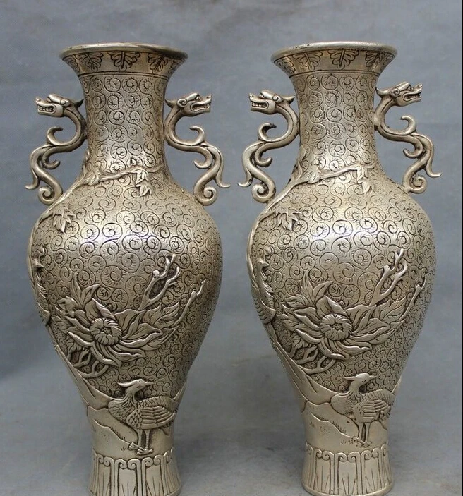 

12" Chinese Silver Dragon Unicorn Statue Peacock Phoenix Flower Pot Vase Pair