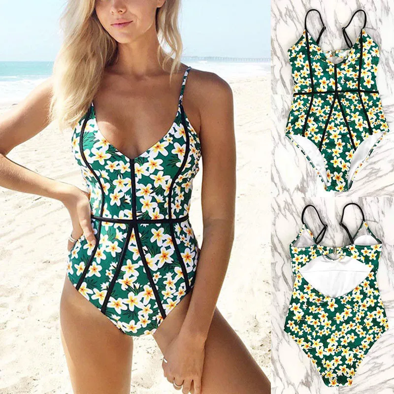 

2018 Summer Fashion Women's Jumpsuit Printed Floral Sleeveless Women One Piece Sexy Slim Swimwear Beachwear Bodysuit Playsuits