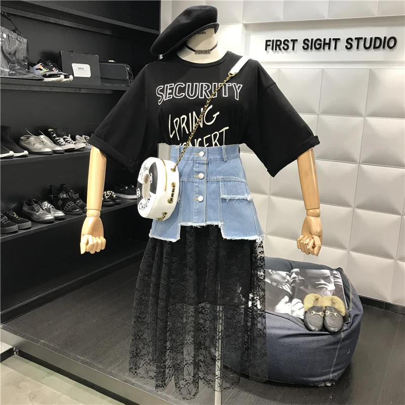 

Oshangchaopin T-Shirt Lace Skirt Women's 3PCS Set Letter Pattern T-Shirt+Buttons Irregular Denim Waist Skirt+Lace Midi Skirt