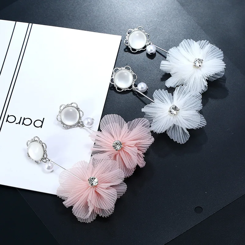 Elegant Fabric Lace Flower Earrings Shaped Charms Fringed Tassel Earrings