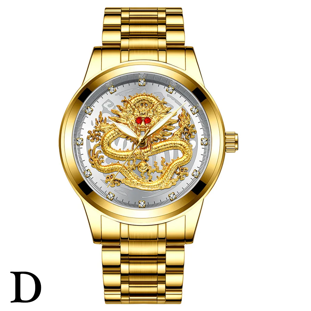 Мужские винтажные часы с золотым каркасом, с тиснением, с бриллиантами, с изображением дракона, мужские водонепроницаемые кварцевые часы, Relogio Masculino
