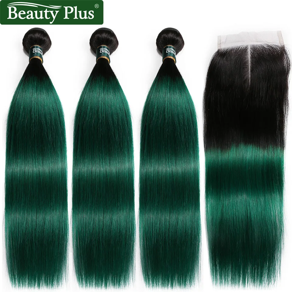 

Green Bundles With Closure 4x4 Inch Ombre Brazilian Straight Hair 3 Bundles With Closure Dark Roots Baby Hair Remy Human Hair BP