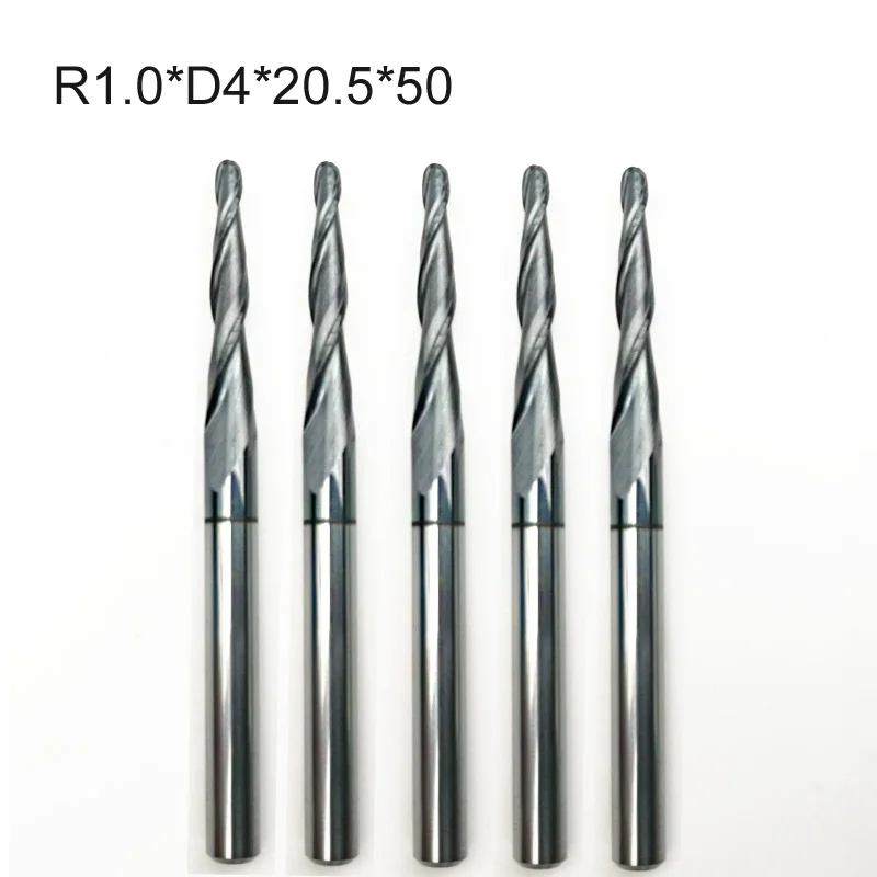 

5pcs/lot R1.0*D4*20.5*50L*2F HRC55 Tungsten solid carbide Coated Tapered Taper Ball Nose End Mill cone type cnc milling cutter