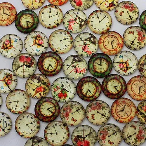 

12mm Mixed Style Clock Watches Round Glass Cabochon Dome Jewelry Finding Cameo Pendant Settings 50pcs/lot (K03045)