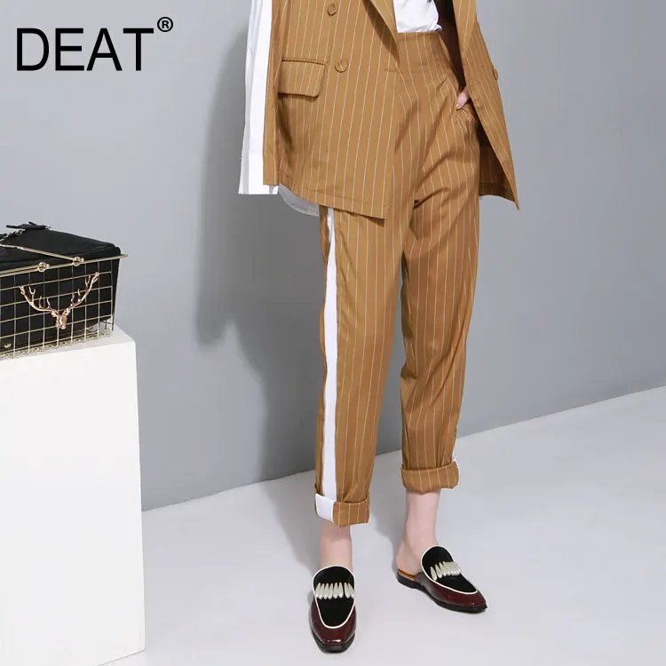 

[DEAT] 2019 New Spring High Elastic Waist Zipper Side Line Striped Split Joint Loose Long Wide Leg Pants Women Fashion Tide T