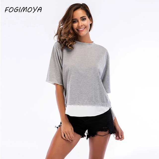 FOGIMOYA футболка Для женщин 2018 летний модный пэчворк короткие футболки Для женщин s короткий рукав поддельные Двойка футболки Новые Топы
