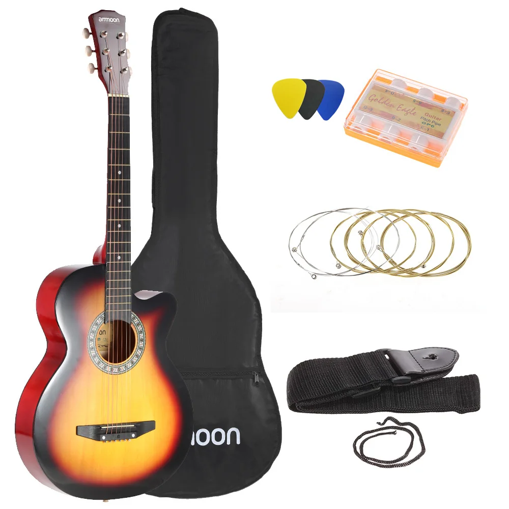 

38" 6-String Cutaway Folk Acoustic Guitar with Bag Strap String Tuner Pick for Beginners Music Lovers Students