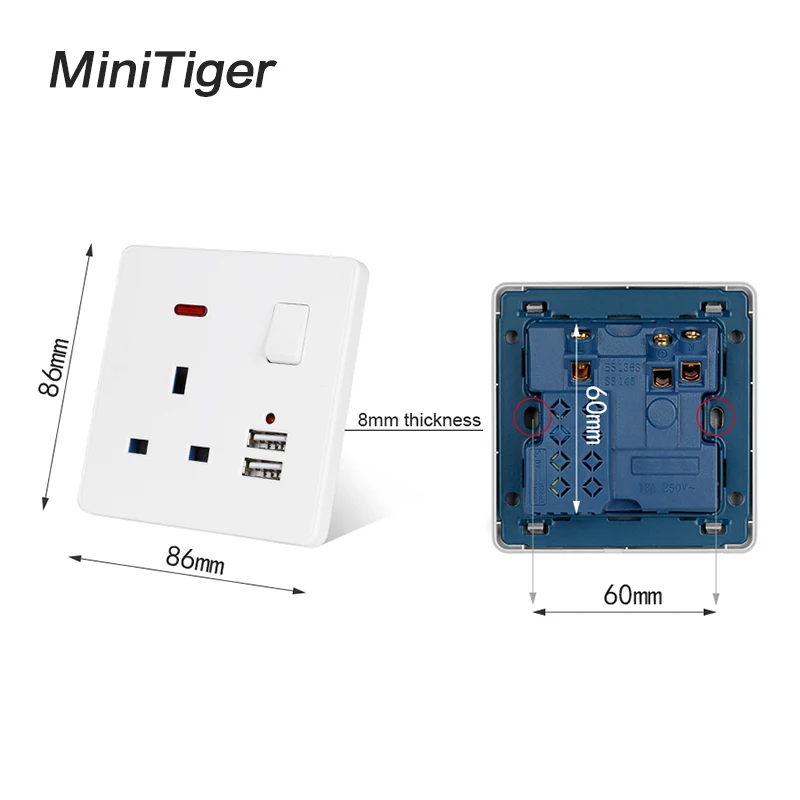 Minitiger Белая настенная розетка 13A стандарт Великобритании переключаемая 2.1A